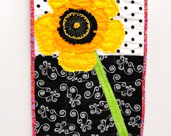 poppy quilt - wall art quilt - single stem in yellow and orange with hand embroidery, Ready to ship