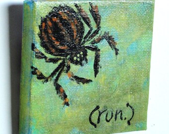 Halloween painting- hand painted art, black furry spider on green background, creepy,  READY TO SHIP