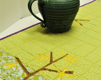 Spring quilted table runner in green with yellow forsythia- "Renewal"- appliqued forsythia branches- Easter