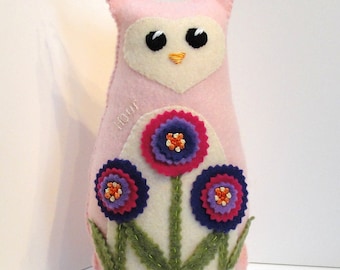 Sale-felt owl- 8 inch stuffed owl in rosy pink with pink and purple flower garden, Ready to ship
