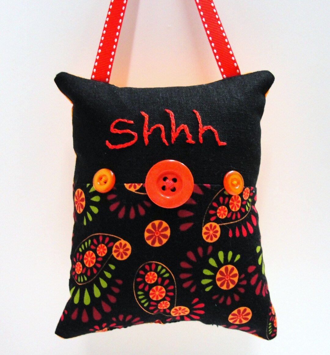 Shhh Pillow Doorknob Pillow Hand Embroidered in Red on Black, Orange