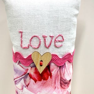 Love doorknob pillow, Valentine’s Day, hand embroidered, “Love” linen, cotton, door hanger, Ready to ship