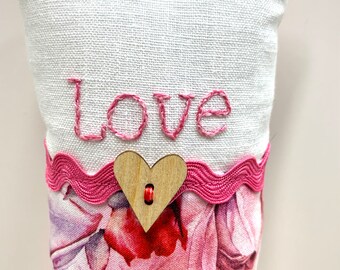 Love doorknob pillow, Valentine’s Day, hand embroidered, “Love” linen, cotton, door hanger, Ready to ship