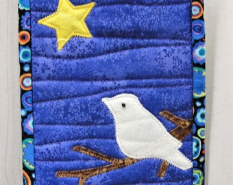 white bird mini wall quilt- white dpve on bare branch against purple, appliqued, woodland,  "Peace" for Christmas and winter READY TO S HIP