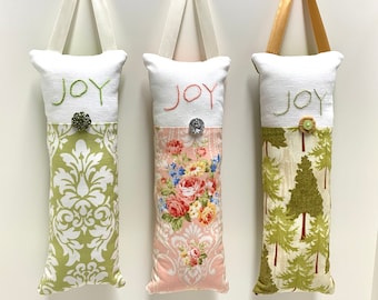 Hand Embroidered Holiday Doorknob Pillow: Linen Cotton JOY Door Hanger