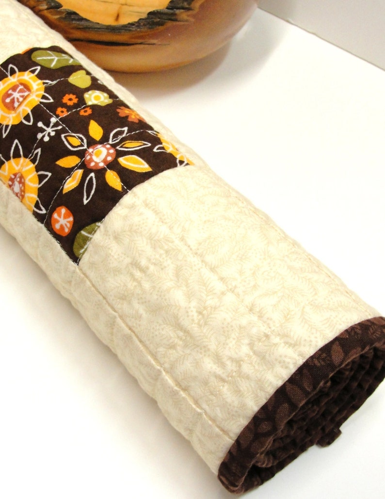 sunflowe brown and brick red on beige Autumn with acorns leaves Clearance Sale- Thanksgiving table runner- quilted- with rust mustard