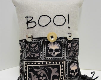 Halloween pillow- hand embroidered "BOO!" natural linen, skulls and scrolls on cotton, Ready to ship