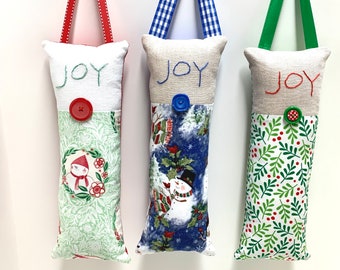 Holiday doorknob pillow, hand embroidered, JOY, linen, cotton, door hanger, Ready to ship