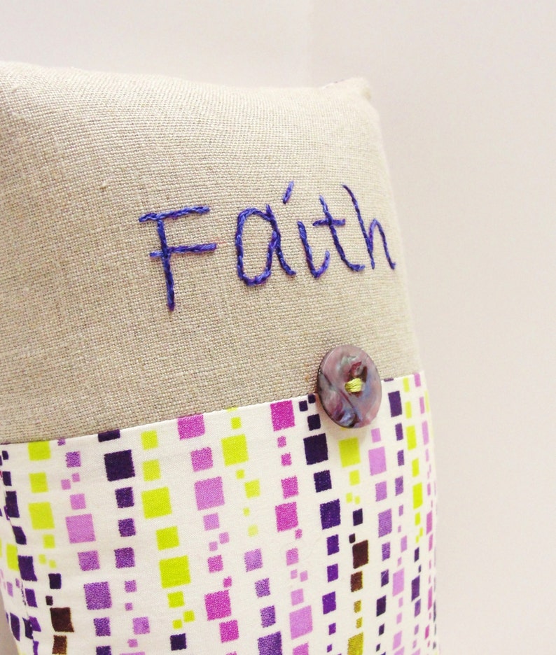 Faith pillow hand embroidered in purple on linen purple and green on cream READY TO SHIP image 2