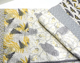 Forest Baby Quilt, Woodland Owls Ferns Butterflies, Gray Yellow White