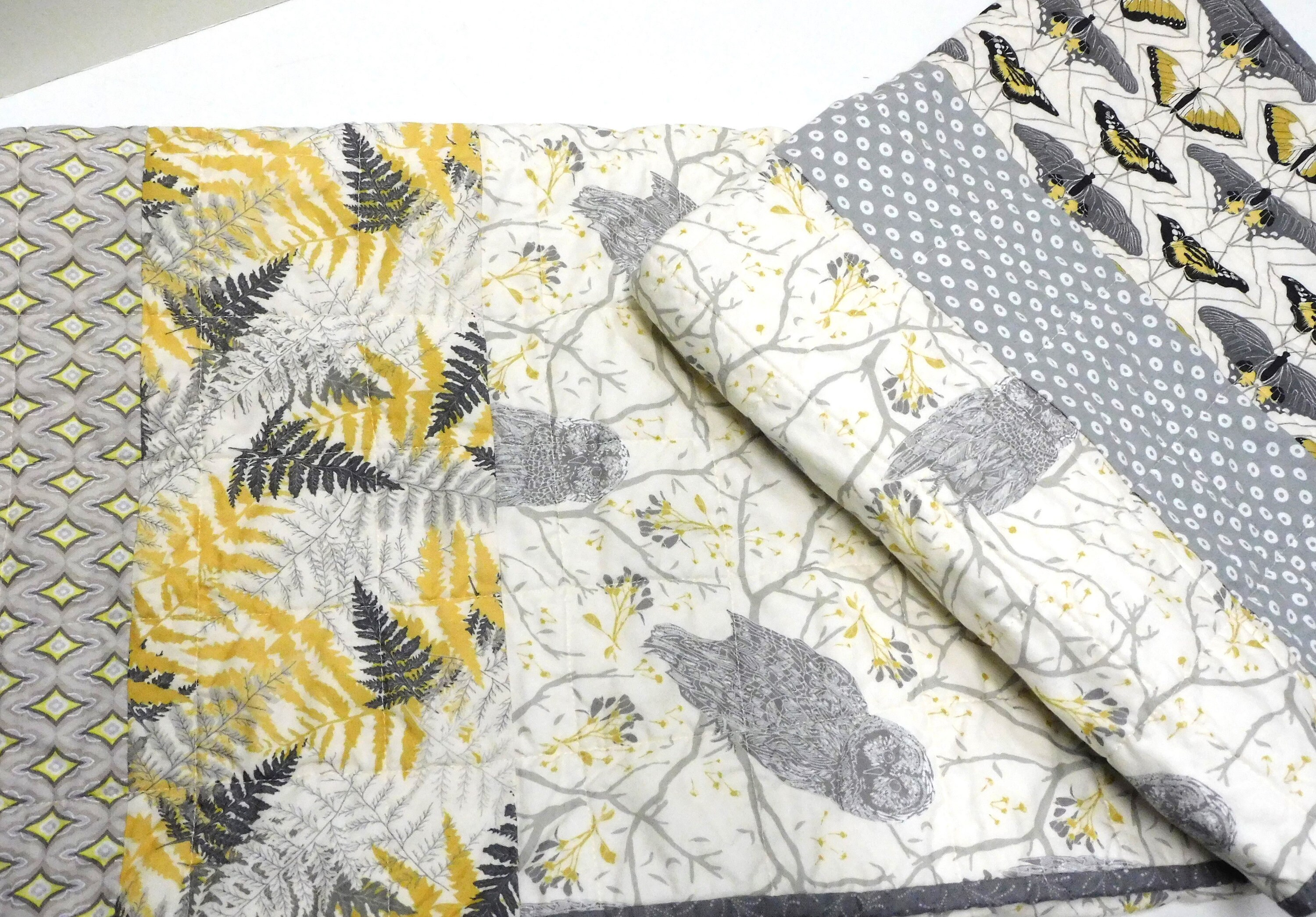 Forest Baby Quilt, Woodland Owls Ferns Butterflies, Gray Yellow White