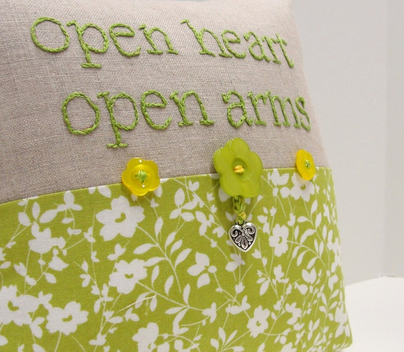 buttons flower print Hand embroidered pillow- open heart open arms in leaf green on linen heart charm