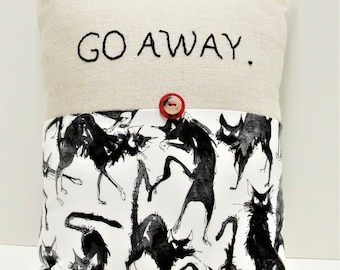 Hand Embroidered Linen Pillow: "GO AWAY" with Angry Cats