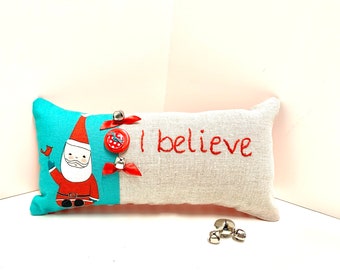 Christmas pillow- hand embroidered “I believe” Santa print with cardinal, cotton, linen, turquoise, red READY TO SHIP