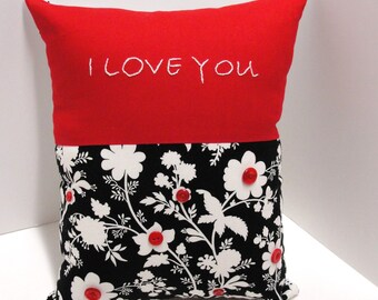Hand Embroidered 'I Love You' Pillow: Red, Black & White Floral