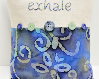 Hand-Embroidered 'Exhale' Pillow: Blue Green Batik Linen
