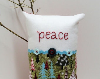 Christmas pillow- hand -embroidered "Peace" on linen with tree print, buttons and rick rack READY TO SHIP