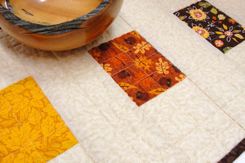 sunflowe brown and brick red on beige Autumn with acorns leaves Clearance Sale- Thanksgiving table runner- quilted- with rust mustard