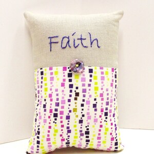 Faith pillow hand embroidered in purple on linen purple and green on cream READY TO SHIP image 3