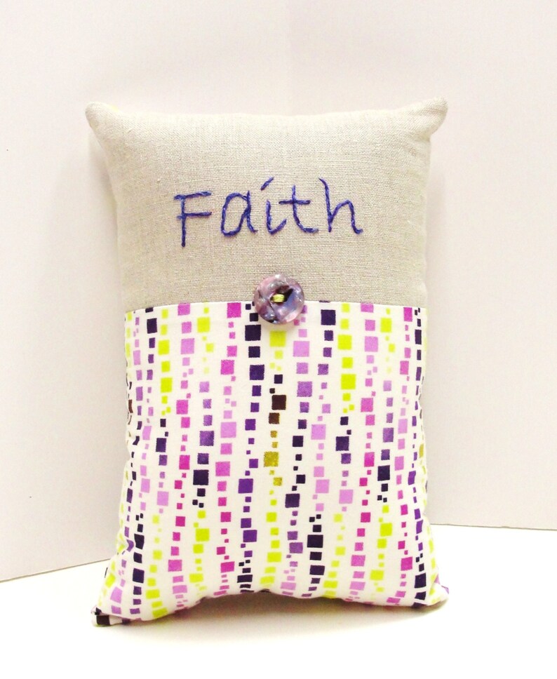 Faith pillow hand embroidered in purple on linen purple and green on cream READY TO SHIP image 3