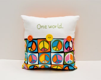 Hand-embroidered pillow  "One world" peace, peace signs, linen, embellished, yellow, purple, turquoise, peace, ready to ship