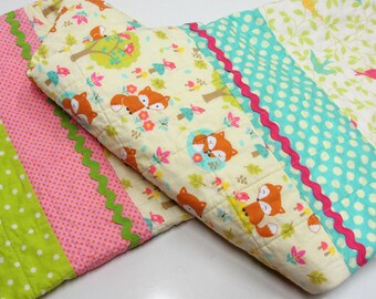 baby quilt with little foxes, trees, birds and butterflies and birds woodland animal, forest Ready to ship