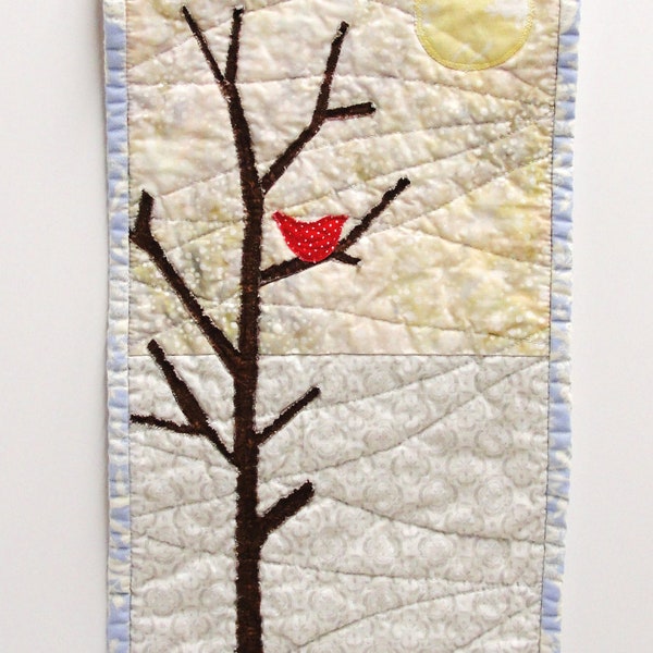 wall art quilt with red bird- "solitude" in gray, red, brown- red bird- serene, tranquil, Ready to ship