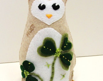 Sale- St. Patrick's Day owl- stuffed felt owl- 8 inch  lucky HOOT owl in heathered oatmeal with  shamrocks