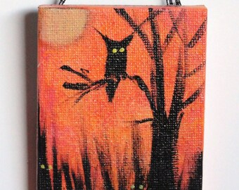 Halloween painting- hand painted art- black owl and tree on orange background, Halloween decoration, Halloween gift, creepy,  READY TO SHIP