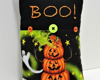 Halloween pillow- hand embroidered "BOO!" black linen, pumpkins, ghosts and stars on cotton, Ready to ship