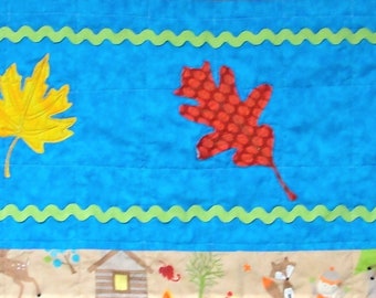 Camping Baby Quilt, Woodland Appliqued Leaves, Rick Rack Trim