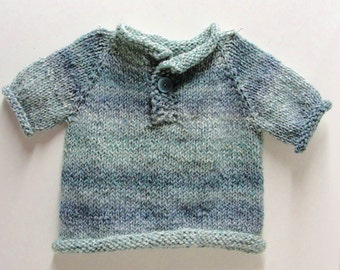 Pullover baby sweater- ''Ocean Waves" short sleeves, hand knit, single button,12-16 month size