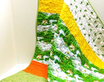 baby quilt, "Frog Pond Fun" with frogs, pond, lilies, ferns, cat-o-nine tails, birch stumps, mushrooms, baby blanket, Ready to Ship