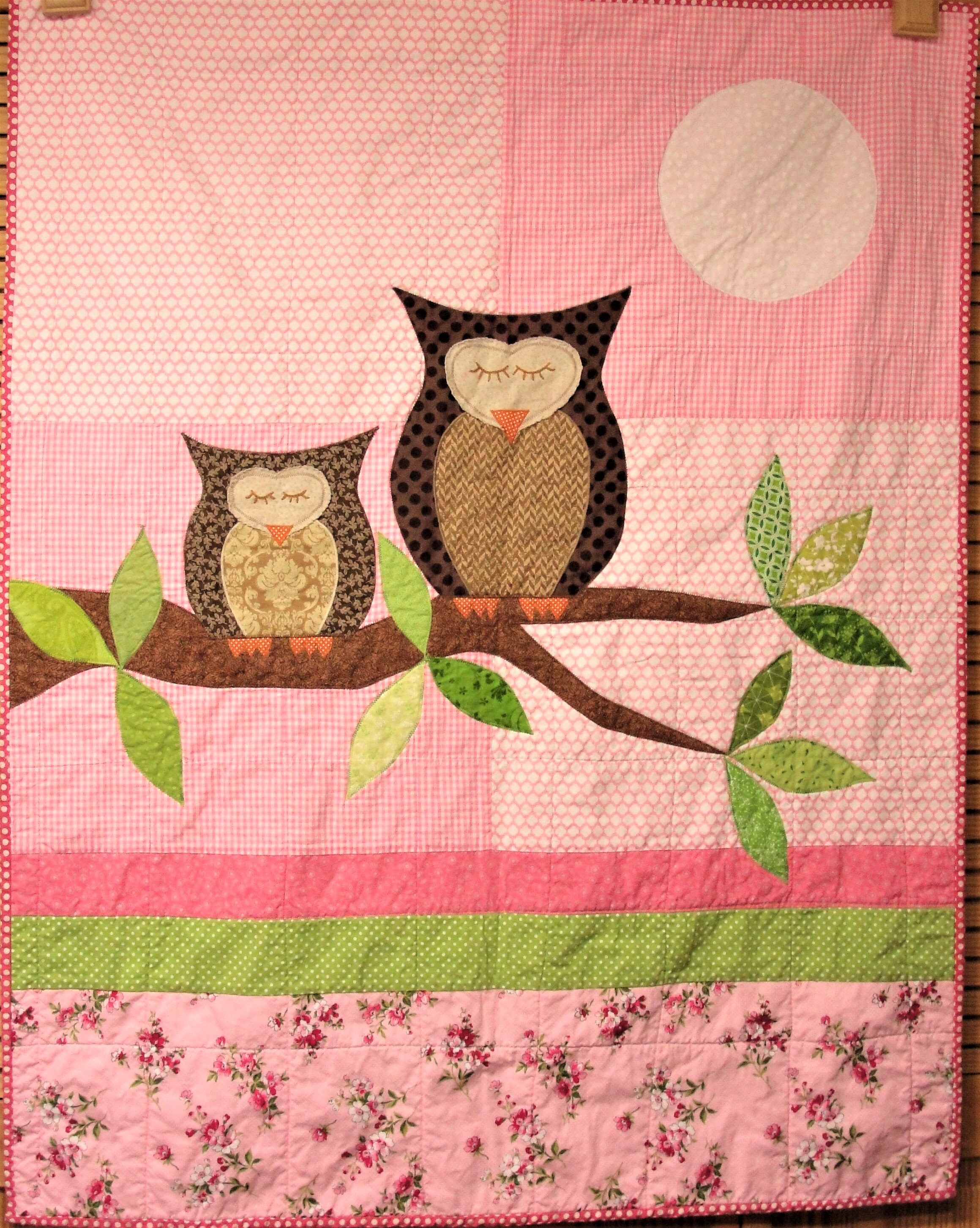 Owl Baby Quilt: "How Big is the Sky", Pink Floral Wall Hanging