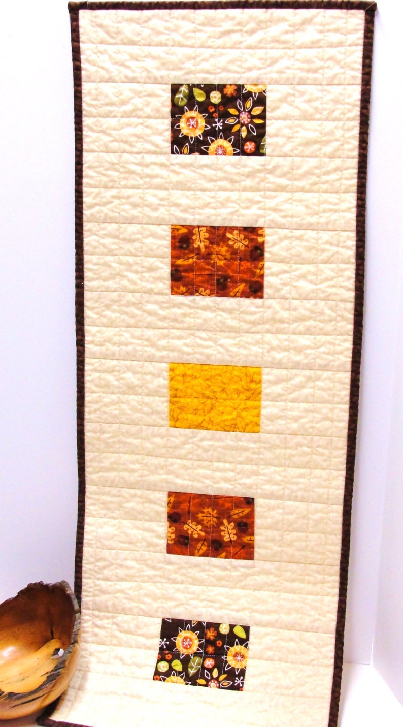 sunflowe brown and brick red on beige Autumn with acorns leaves Clearance Sale- Thanksgiving table runner- quilted- with rust mustard