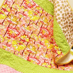 baby quilt with waterlilies and snails, pond, pink, green, woodland, "Joyful" Ready to ship, Ships free to USA