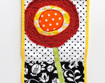 poppy wall quilt- single stem red poppy on black and white background, wall art, wall hanging Ready to ship