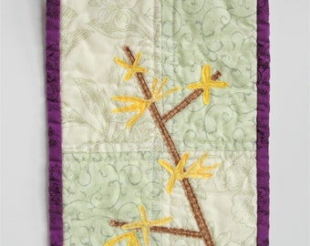 Forsythia wall quilt - mini wall art quilt in green, yellow, brown and purple for Spring - Easter, Ready to ship