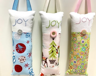 Holiday doorknob pillow, hand embroidered, JOY, linen, cotton, door hanger, Ready to ship