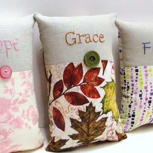 Faith pillow hand embroidered in purple on linen purple and green on cream READY TO SHIP image 5