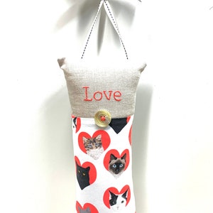 Love doorknob pillow, Valentine’s Day, cats, hearts, hand embroidered, “Love” linen, cotton, door hanger, Ready to ship
