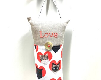 Love doorknob pillow, Valentine’s Day, cats, hearts, hand embroidered, “Love” linen, cotton, door hanger, Ready to ship