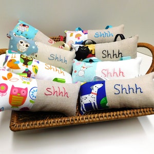 Hand Embroidered &quot;Shhh&quot; Pillow: Linen Cotton Doorknob Hanger