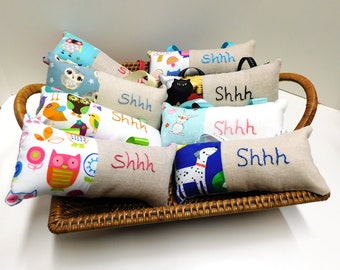 Hand Embroidered "Shhh" Pillow: Linen Cotton Doorknob Hanger
