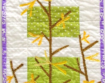 Forsythia wall quilt - wall art quilt in green, yellow, brown and purple for Spring - Easter