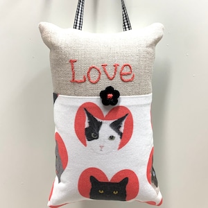 Love doorknob pillow, Valentine’s Day, hand embroidered, “Love” linen, cotton, door hanger, Ready to ship