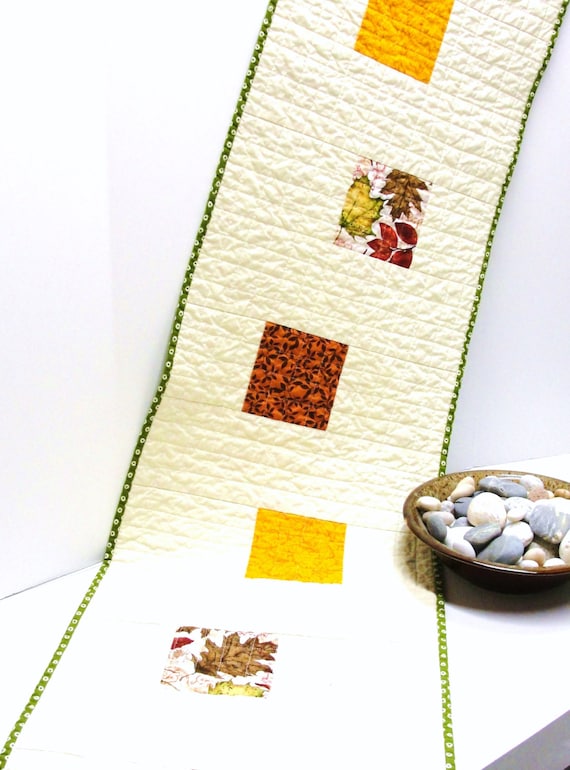 sunflowe brown and brick red on beige Autumn with acorns leaves Clearance Sale- Thanksgiving table runner- quilted- with rust mustard