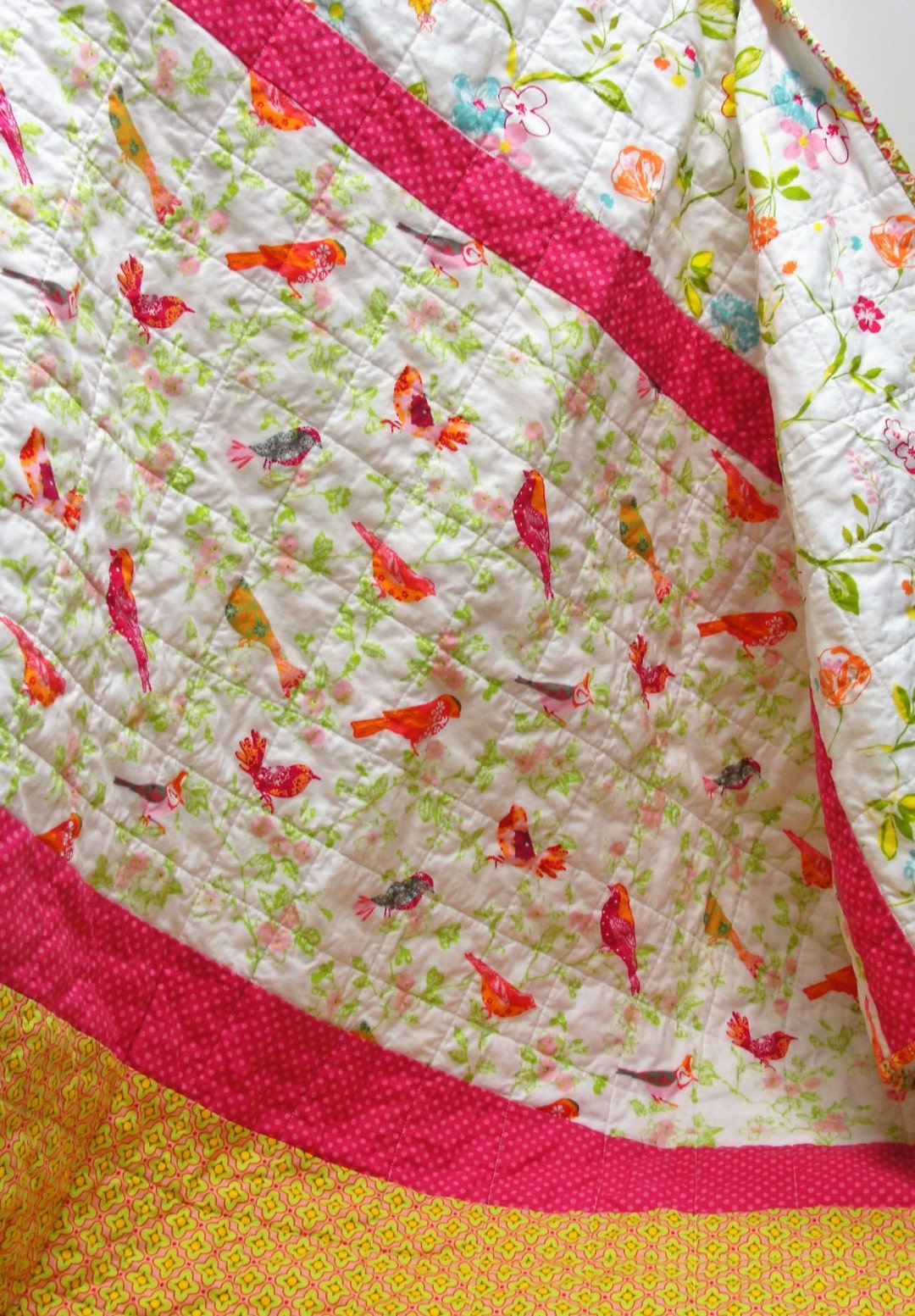 Baby Quilt Birds in Yellow, Pink, Orange, Green and Turquoise sunny