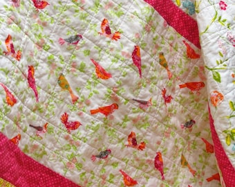 Birds Baby Quilt: Sunny Morning, Pink & Yellow Cotton