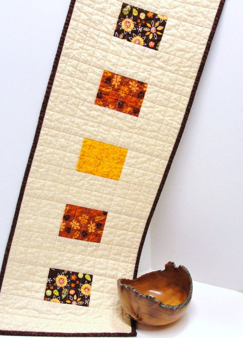 sunflowe brown and brick red on beige Autumn with acorns leaves Clearance Sale- Thanksgiving table runner- quilted- with rust mustard